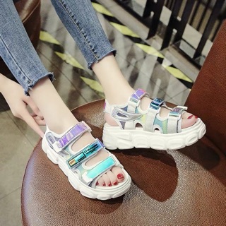 [có sẵn] Sandal 3 Quai Đế Cao Hologram Ulzzang