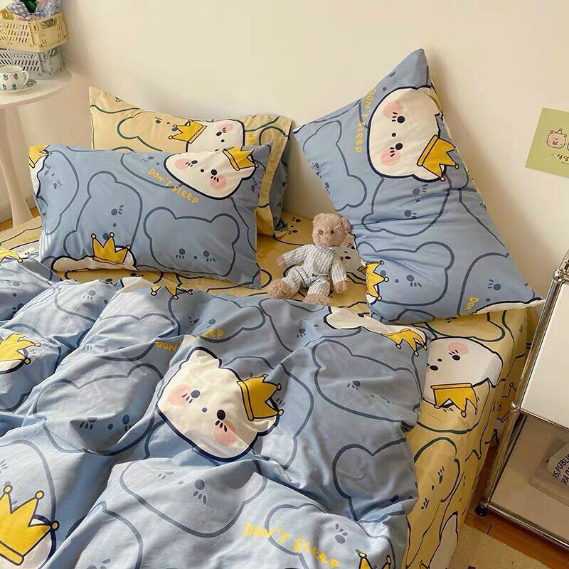 Bộ chăn ga gối , drap giường chất cotton poly họa tiết mèo vương miện