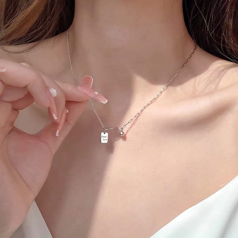 Vòng cổ Mạ Bạc 925 Mặt Vuông Đính Đá May Mắn Sang Trọng