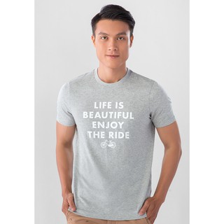 Áo Thun In Nam Ngắn Tay Cổ Tròn Giordano Message Tee "Life Is Beautiful Enjoy The Ride" Màu Xám 0109820113