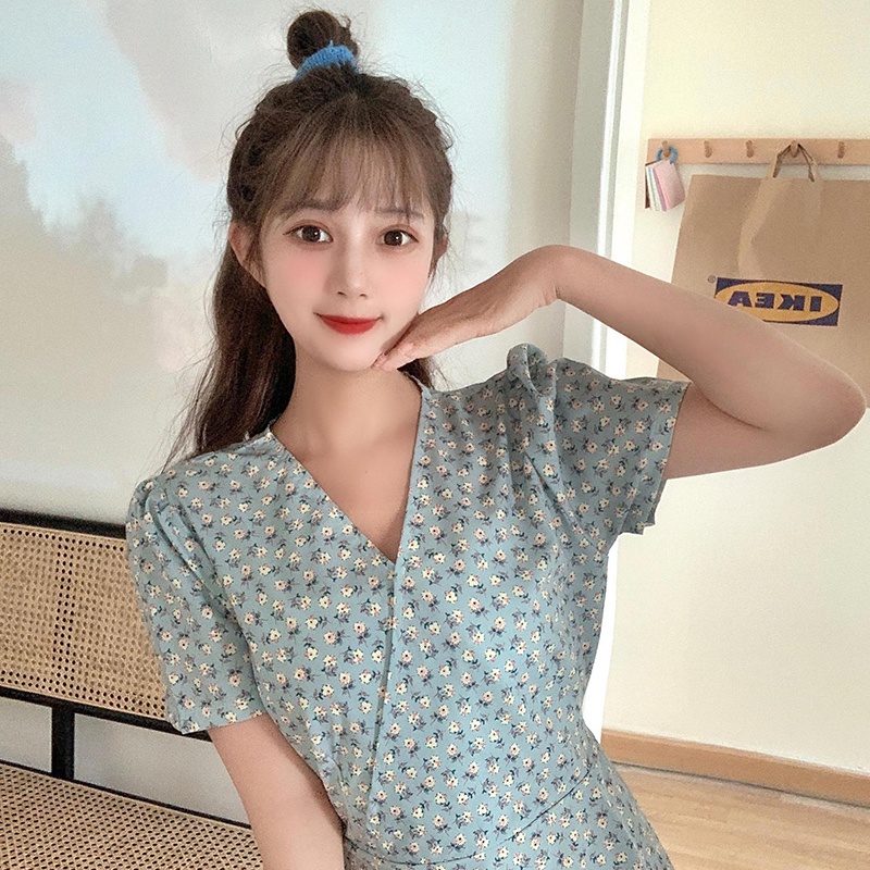 IELGY  Đầm Hoa Chuông Nhỏ Cổ Chữ V Siêu Mỏng Mùa Hè Kiểu Pháp