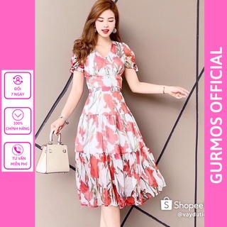 Đầm hoa dáng xòe chân váy 3 tầng cổ V hàng thiết kế cao cấp Gurmos V1907