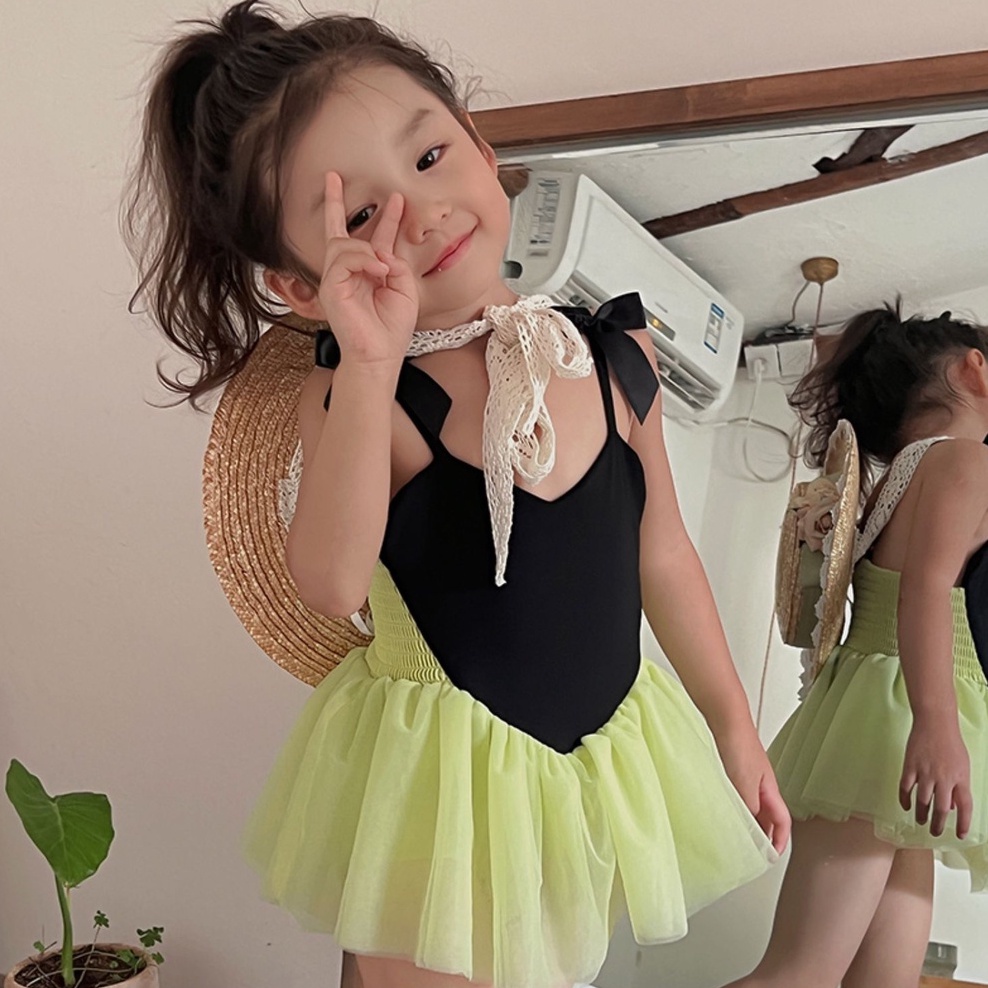 Bộ Đồ Bơi Hai Dây Phối Lưới Đính Nơ Dễ Thương Phong Cách Hàn Quốc Thời Trang Mùa Hè Dành Cho Bé Gái