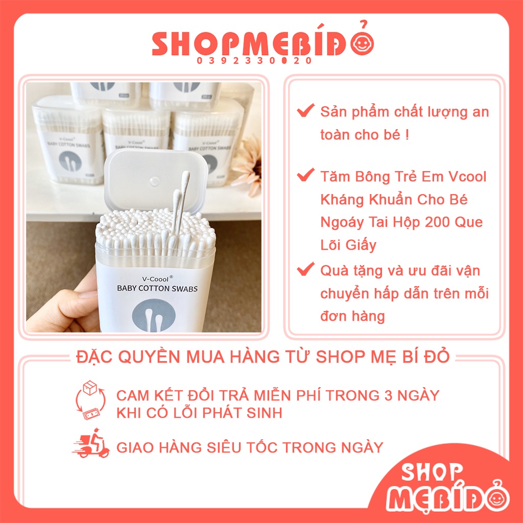 Tăm Bông Trẻ Em Vcool Kháng Khuẩn Cho Bé Ngoáy Tai Hộp 200 Que Lõi Giấy Shop Mẹ Bí Đỏ PK26