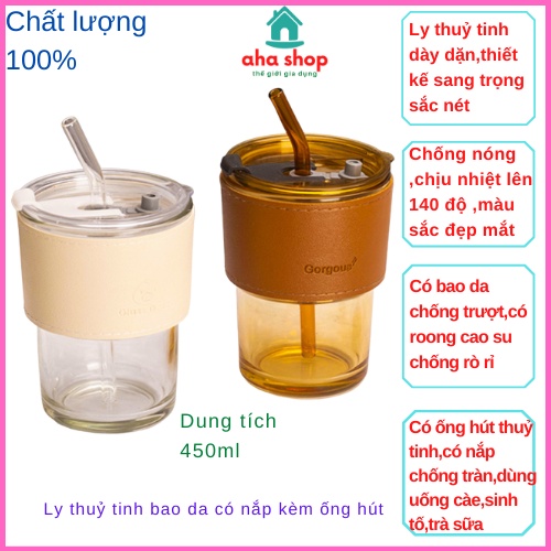Ly Thủy Tinh Cao Cấp, Cốc Thủy Tinh Nắp Đậy Có Vỏ Bao Da Và Ống Hút Cao Cấp Dung Tích 450ml