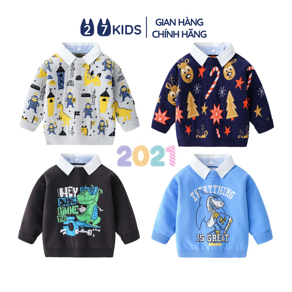 Áo len bé trai 27Kids WELLKIDS áo len phối cổ sơ mi thu đông nam cho trẻ từ 2-10 tuổi S2E01 - SIÊU HOT