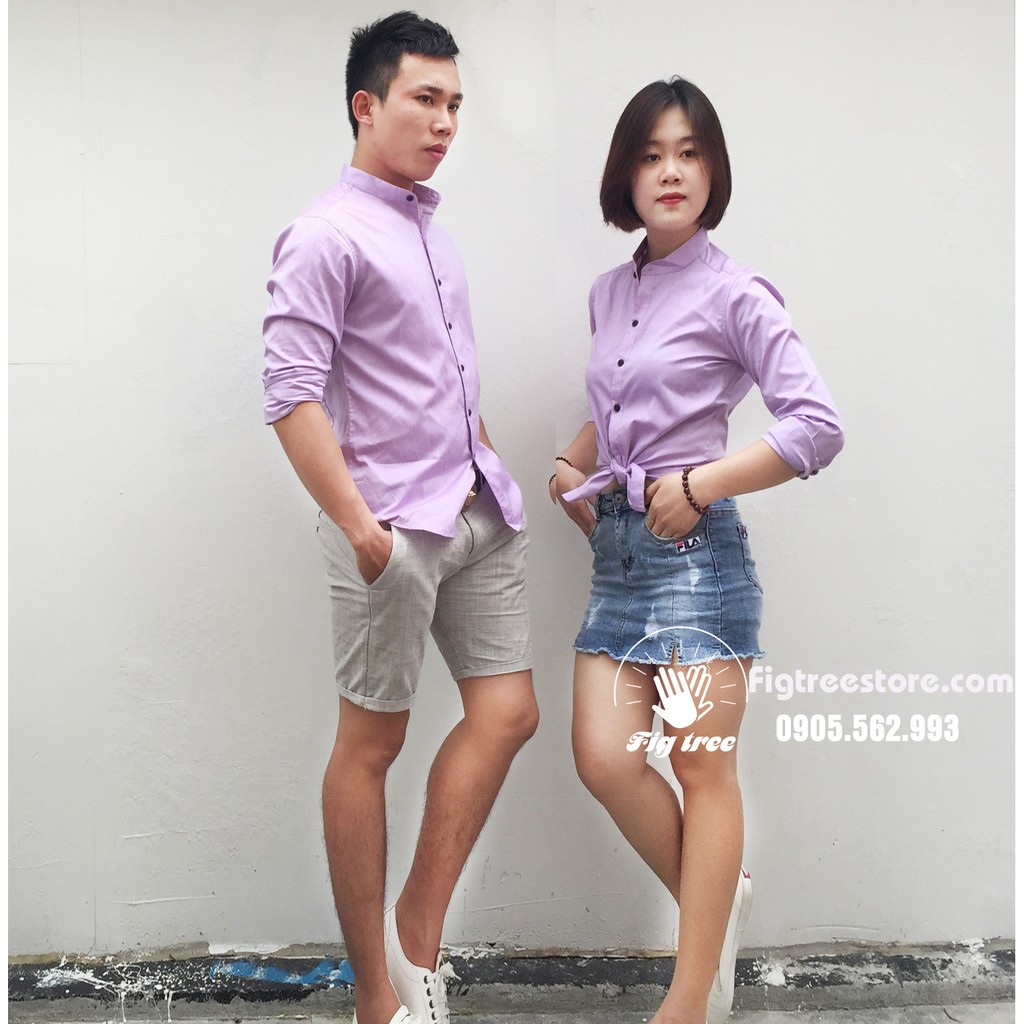 Áo sơ mi cổ trụ màu tím cà