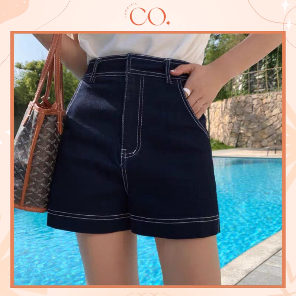 Quần Shorts Cạp Cao Ống Rộng_Phối Chỉ Nổi Bật