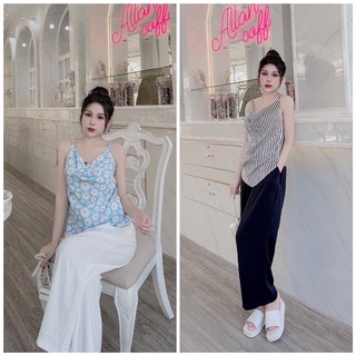 Đồ bộ mặc nhà, đồ ngủ nữ lụa mango, áo cổ đổ phối quần lụa mango, quần có túi