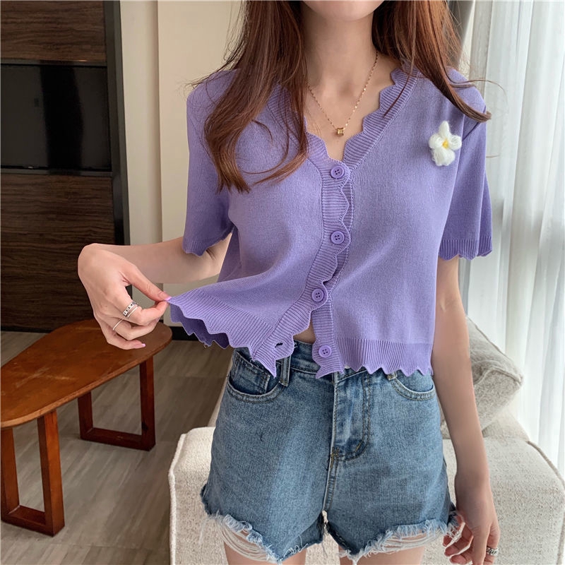 Crop Top Korean Style Wavy Knitted Short-sleeved Top Cardigan Chrysanthemum | BigBuy360 - bigbuy360.vn