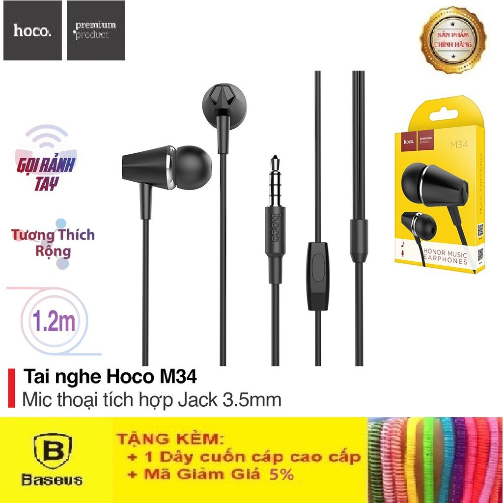 Tai Nghe Iphone Hoco M34 Super Bass - Tai Nghe Nhét Tai Âm Thanh Cực Hay - Bảo Hành 12 Chính Hãng Tháng