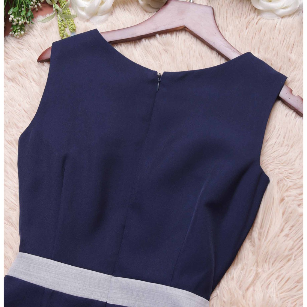 Đầm xòe đẹp thiết kế công sở thời trang xanh đen thanh lịch sát nách eo thắt nơ tôn dáng hợp đi làm đi chơi – Lux W