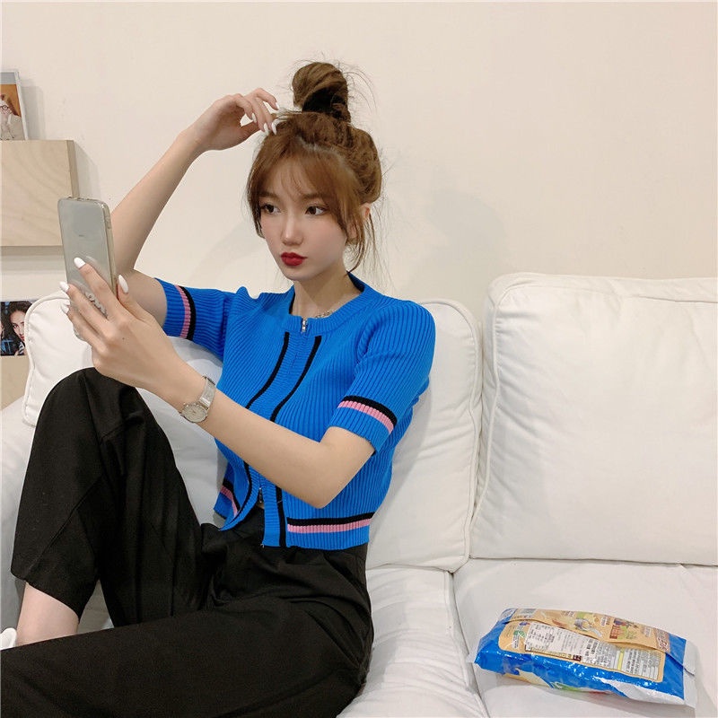 Áo Cardigan Dệt Kim Tay Ngắn Cổ Tròn Kẻ Sọc Phối Khóa Kéo Hai Chiều Thời Trang Mùa Hè Cho Nữ