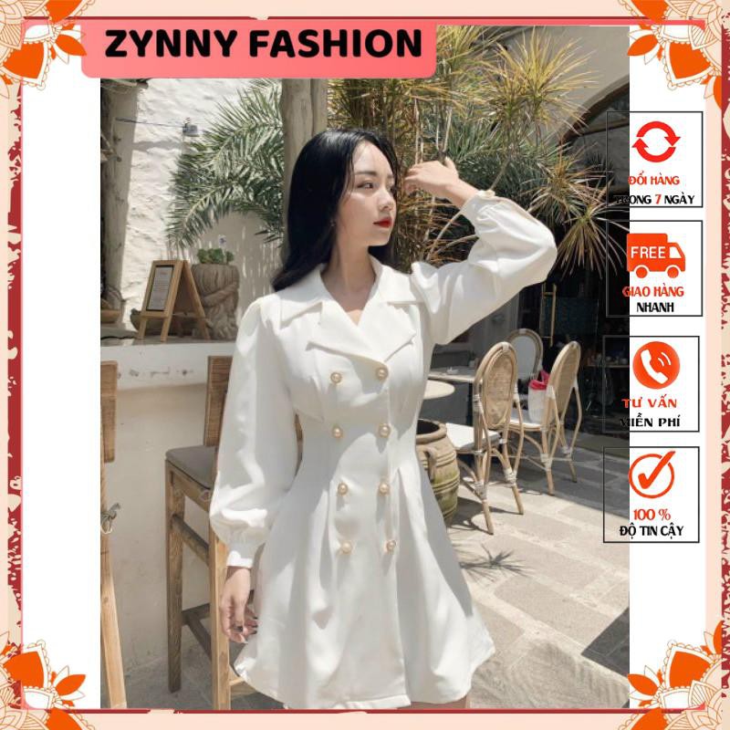 Đầm vest 6 nút tay dài trắng đen sang trọng [Zinny Fashion]