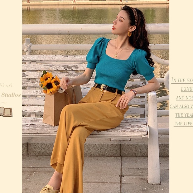 Áo thun bằng vải dệt kim tay ngắn phồng cổ vuông màu sắc cổ điển thời trang mùa hè cho nữ