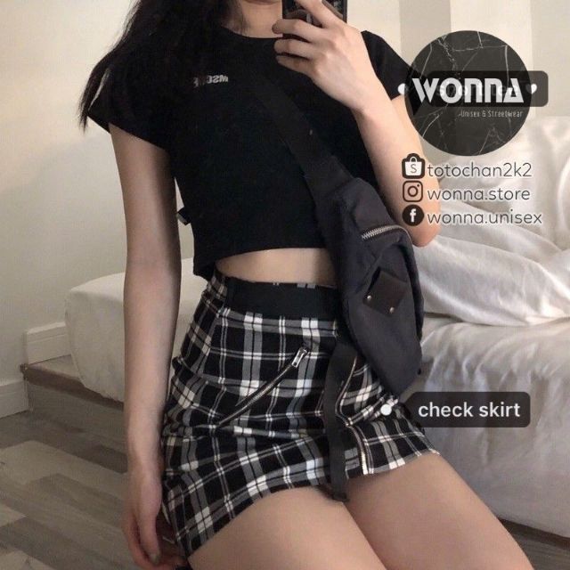 [CÓ SẴN] Chân váy ôm caro kèm belt + zipper khóa kéo checkerboard cá tính unisex ulzzang street style