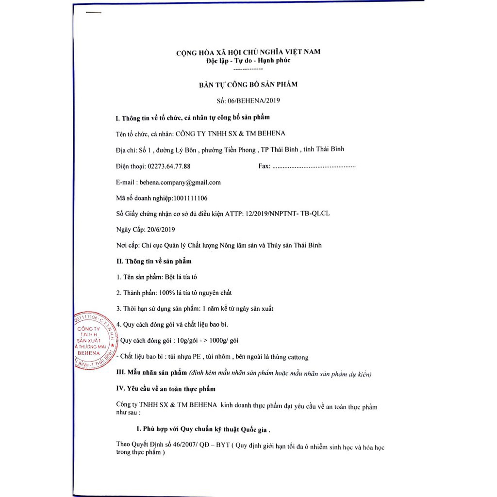 Bột tía tô Behena nguyên chất 100%, hỗ trợ kháng viêm, cảm cúm, ngăn ngừa bệnh Gout