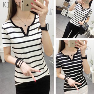 Áo thun cotton tay ngắn cổ chữ v dáng suông kẻ sọc ngang trẻ trung thời trang hè cho nữ