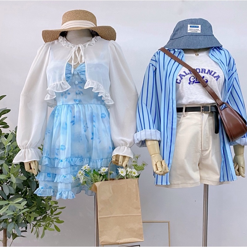 Váy 2 Dây Xoè Tầng Màu Xanh Blue Kèm Áo Khoác Mỏng Nhẹ (hàng loại 1 có mút) Đầm Xoè Dáng Ngắn