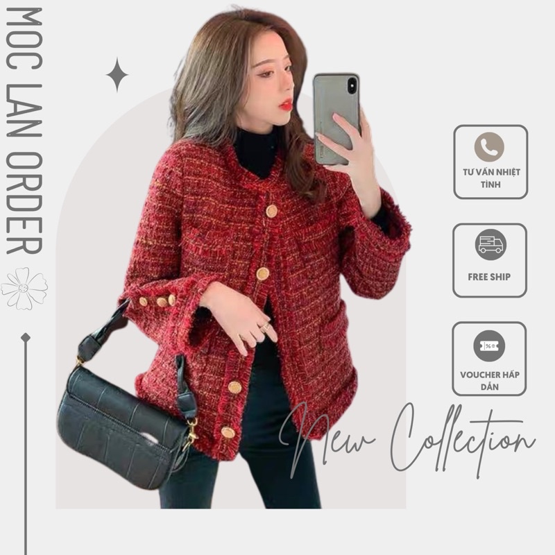 (MộcLan ORDER) Áo Dạ Tweed Đỏ 2 Lớp Sang Chảnh Cao Cấp