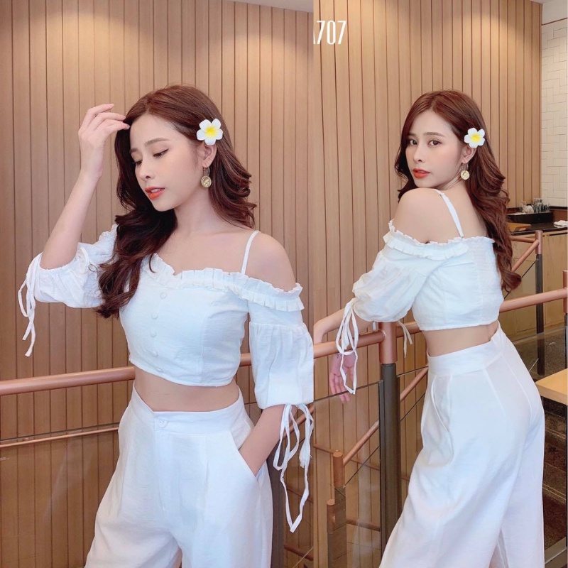 Áo croptop nữ trễ vai viền bèo tay lửng buộc nơ màu trắng