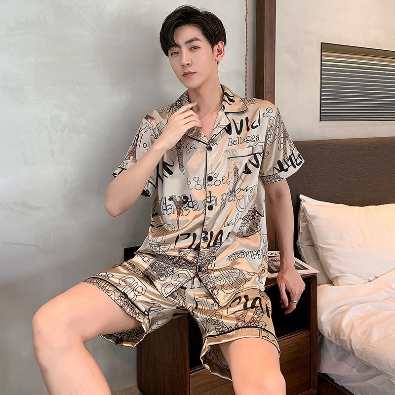 Bộ đồ ngủ tay ngắn vải lụa mỏng nhẹ in họa tiết hoạt hình dễ thương thời trang xuân hè dành cho nam