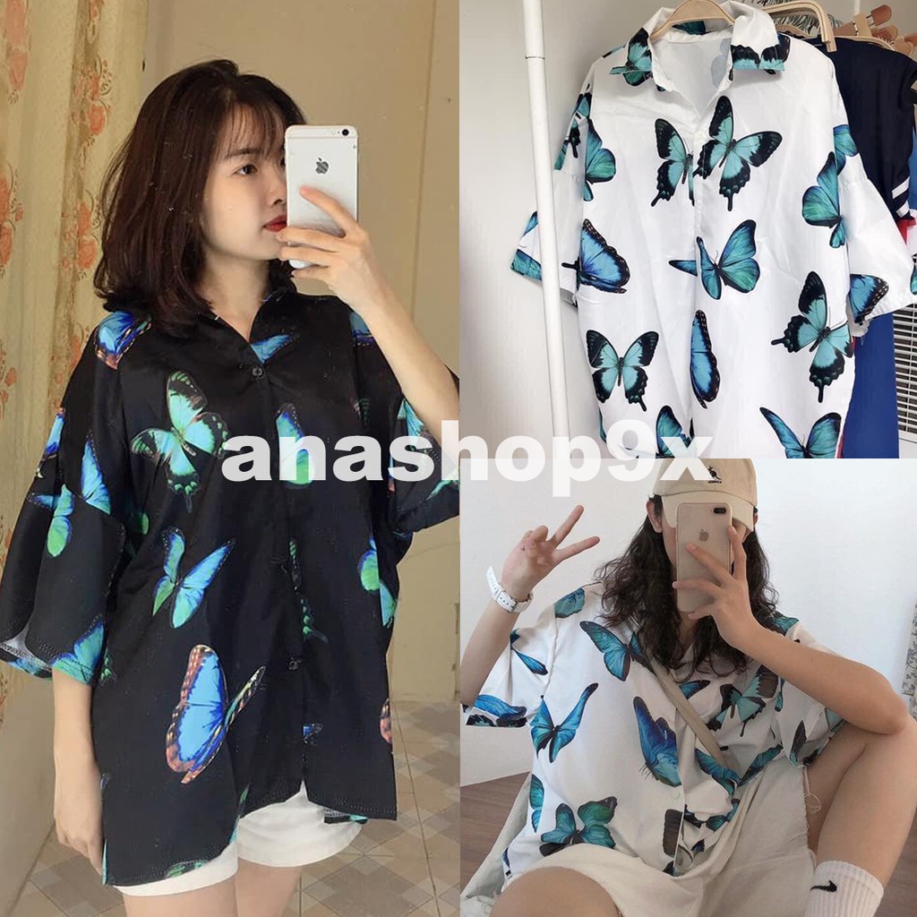 Áo sơ mi nam form rộng họa tiết bướm/ Áo sơ mi unisex oversize tay lỡ anashop9x