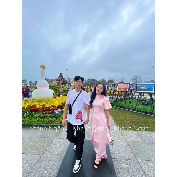 Áo dài cách tân tay bồng hoa đính kết sang trọng nhẹ nhàng chất liệu tafta