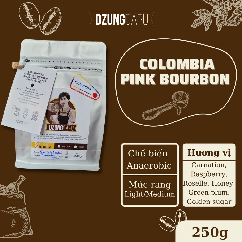 Cà phê Colombia - Pink Bourbon - Sơ chế Anaerobic Honey - Gói 250g - DzungCapu Specialty Coffee