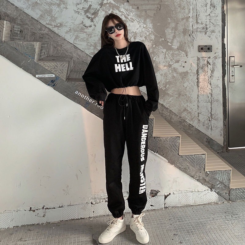 SET THỂ THAO ÁO CROPTOP DÀI TAY QUẦN JOGGER ĐEN XÁM FORM RỘNG GIÁ RẺ