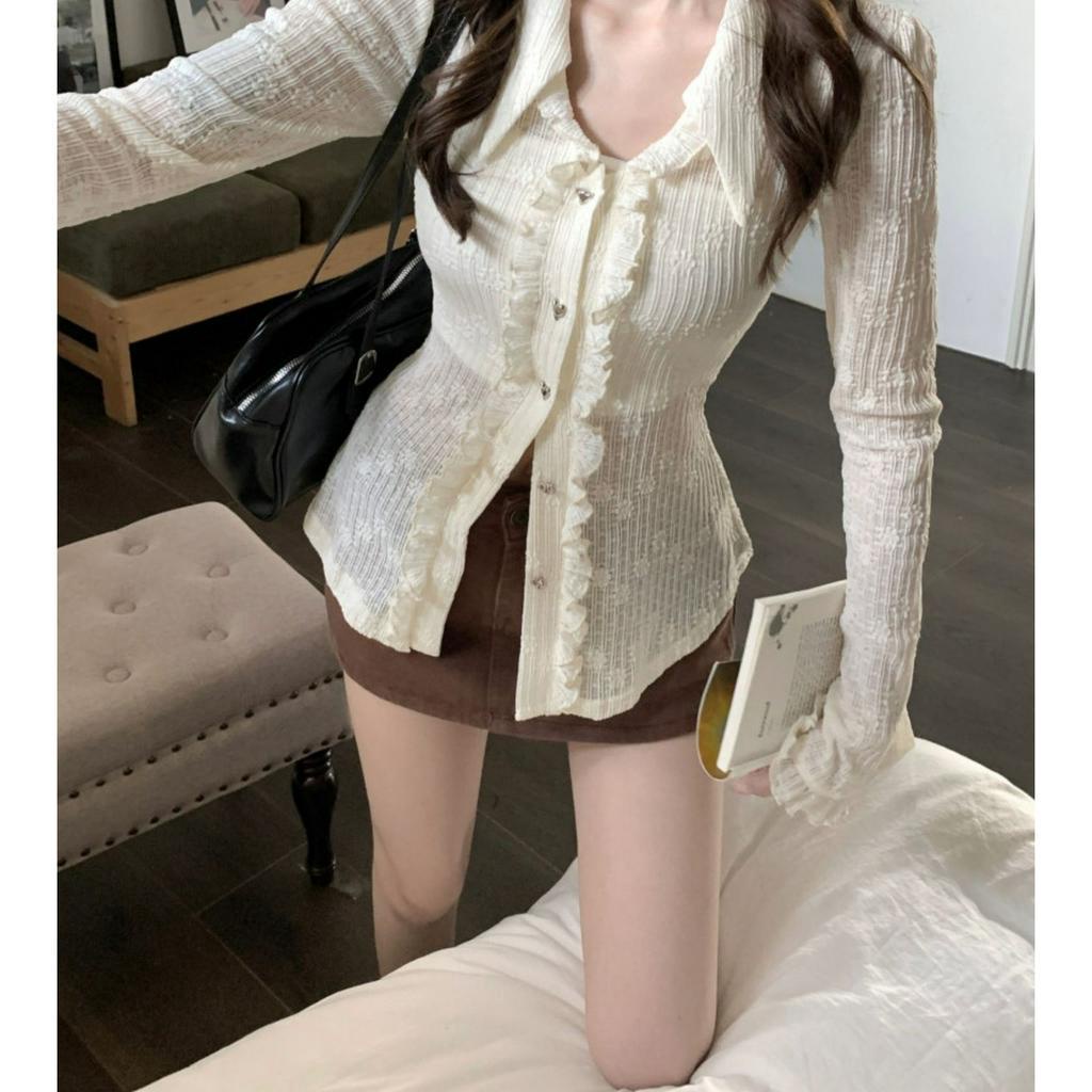 Set áo sơ mi trắng ren tay dài bèo + chân váy nâu chữ A