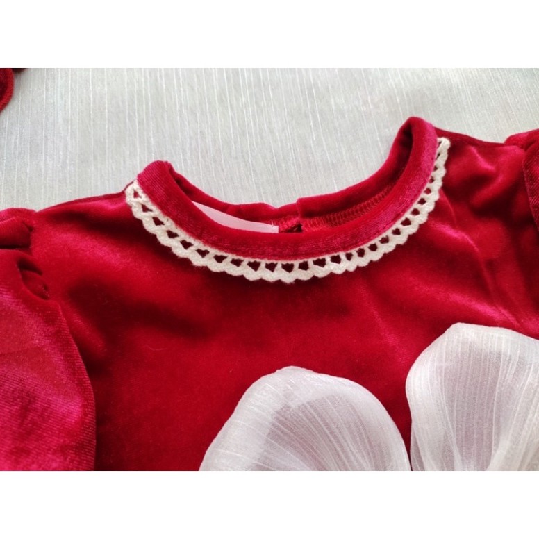 Bodysuit Nhung Đỏ Nơ Trắng Mẫu Mới Cho Bé Gái 0-12 Tháng Kèm Mũ &amp; Tất, Váy Sơ Sinh, Đầm Đầy Tháng.