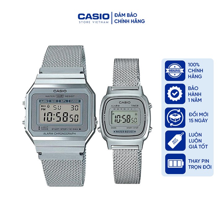 Đồng hồ Casio chính hãng A700 - LA670 dây mesh bạc, đồng hồ đôi nam nữ