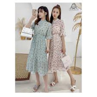 Đầm - váy hoa nhí cổ vuông xếp ly ngực ( váy dài tay mặc 2 kiểu)