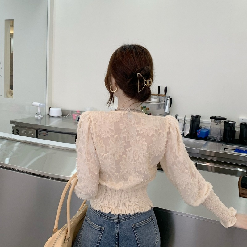 Áo kiểu tay dài cổ chữ V dáng ôm phối ren thời trang mùa thu thanh lịch cho nữ | BigBuy360 - bigbuy360.vn