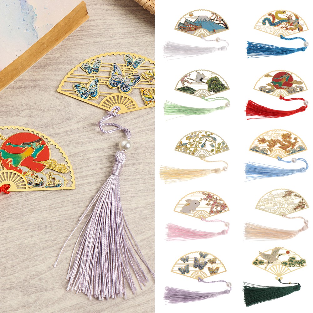 Bookmark kiểu quạt giấy kèm tua rua trang trí phong cách Trung Hoa cổ điển thanh lịch