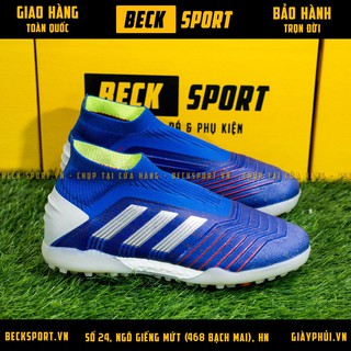 Giày Bóng Đá TQ Predator 19+ Xanh Biển Vạch Bạc Không Dây Cao Cổ TF