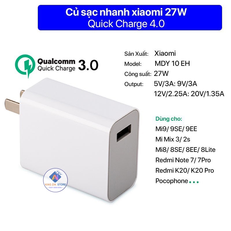 Bộ củ sạc nhanh Xiaomi  Mi Turbo Charge 4.0 mã MDY-10-EH - Zin hãng bóc máy