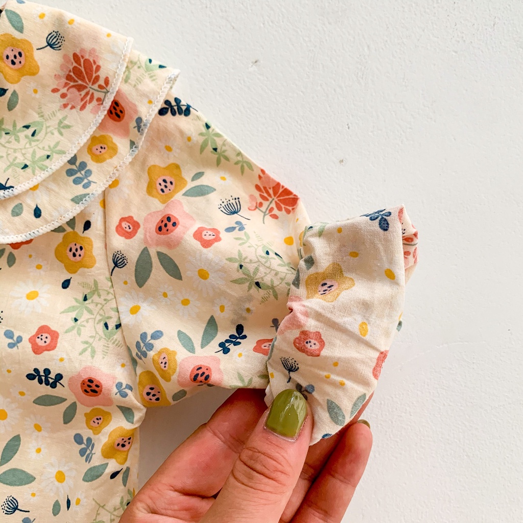 Bộ Áo Liền Quần Tay Dài In Hoa + Mũ Dễ Thương Cho Bé Gái Sơ Sinh