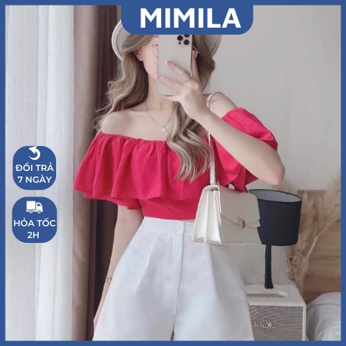Áo Croptop Trễ Vai MIMILA Áo Hở Vai Tay Ngắn Phồng Hai Lớp Phong Cách Bánh Bèo Công Chúa - MA063