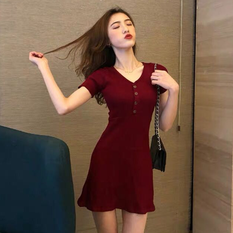 Đầm nữ SUXI màu trơn cổ phối nút phong cách retro thời trang mùa hè