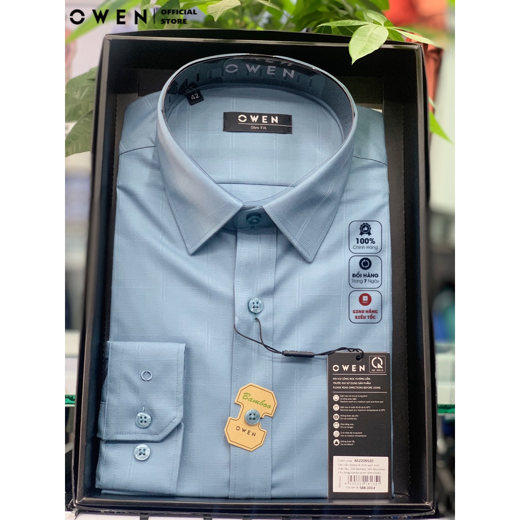 OWEN - Áo sơ mi dài tay kẻ chìm xanh mint Dobby Slimfit 2023