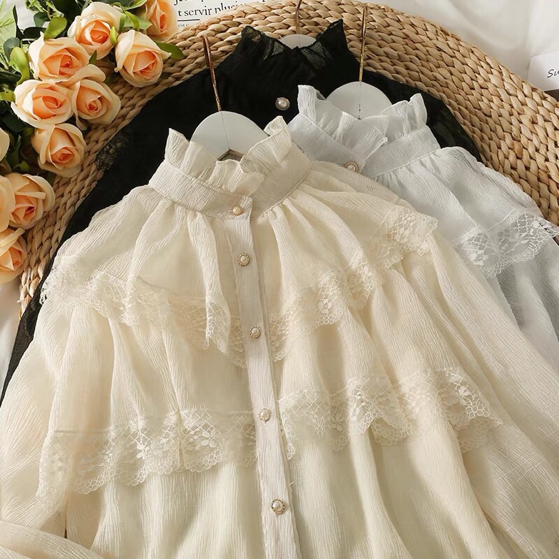 Áo sơ mi nữ kiểu đáp ren tiểu thư tay chun xinh xắn