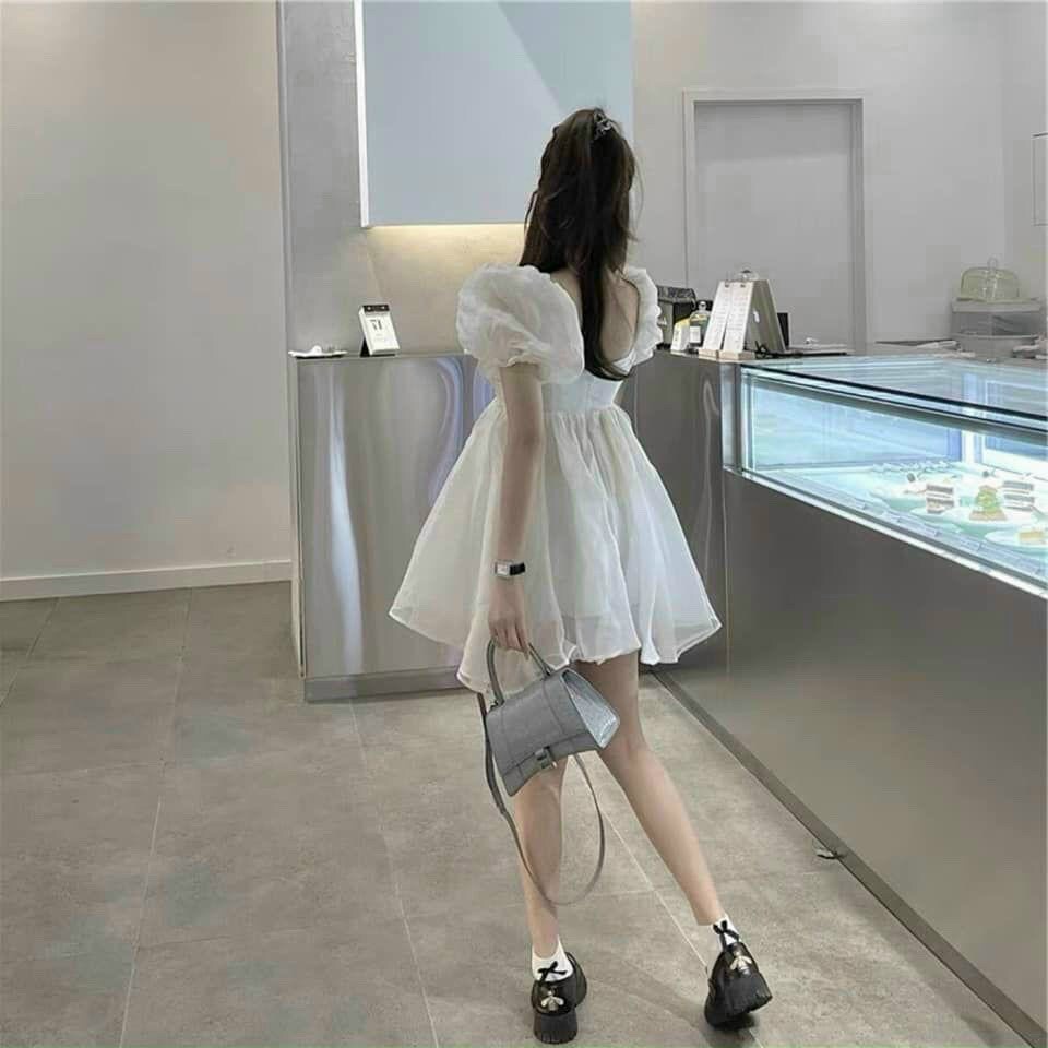 Đầm babydoll voan trắng tay phồng cổ u dáng xoè