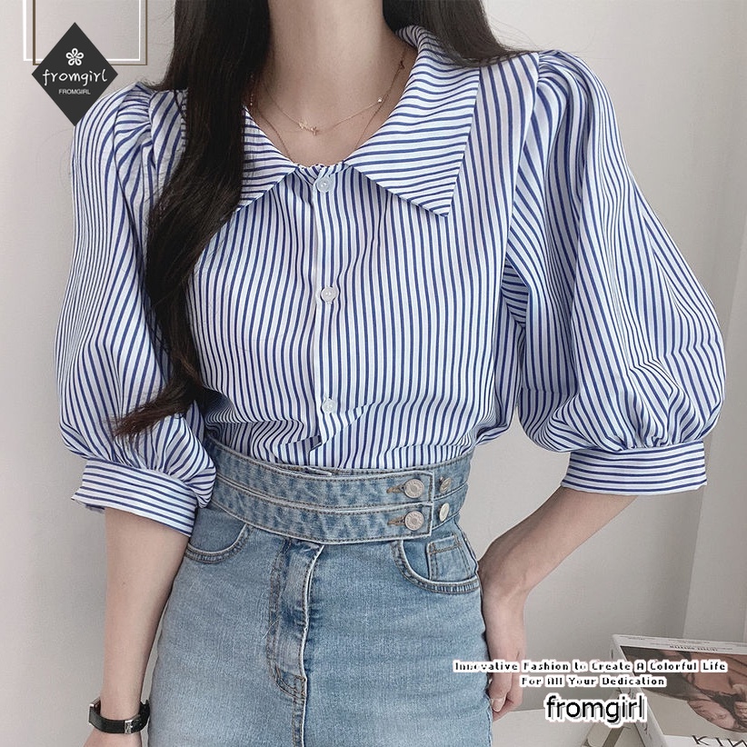Áo Sơ Mi Tay Ngắn Họa Tiết Kẻ Sọc Thời Trang Mùa Hè Cho Nữ