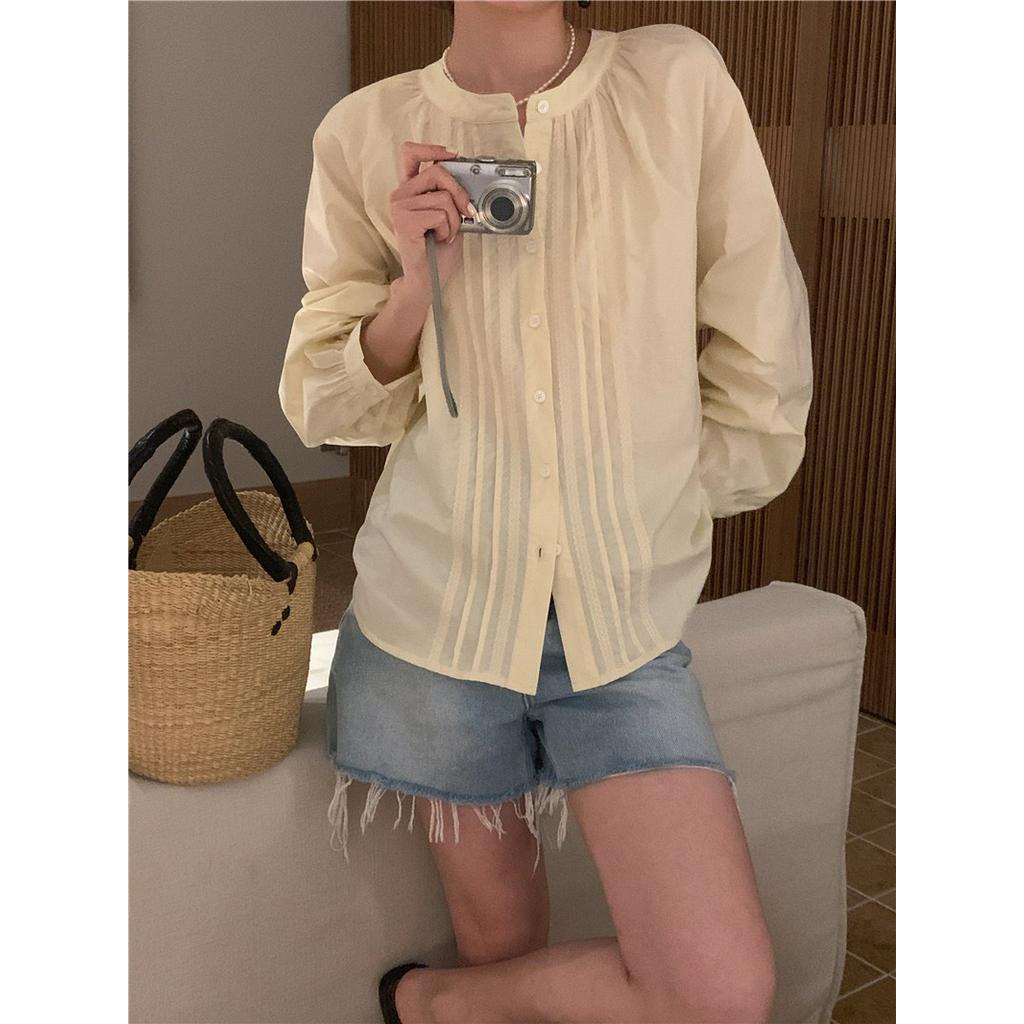 Áo Kiểu Tay Dài Cổ Tròn Xếp Ly Đơn Giản Tinh Tế 61777