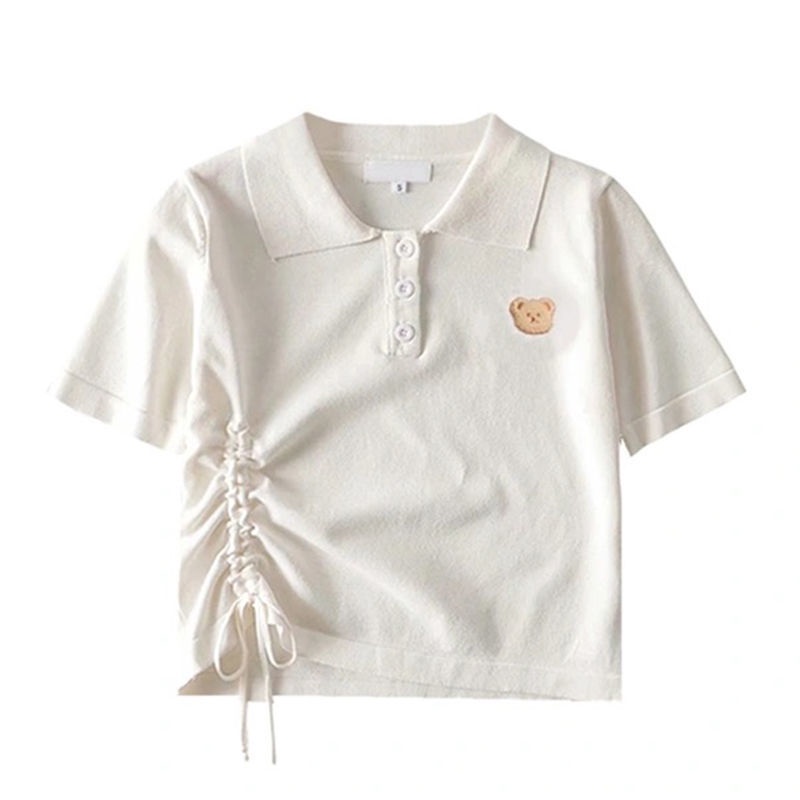 Áo polo Tay Ngắn Phối Dây Rút In Hình Gấu Trắng Thời Trang Mùa Hè Mới Dành Cho Bạn Nữ