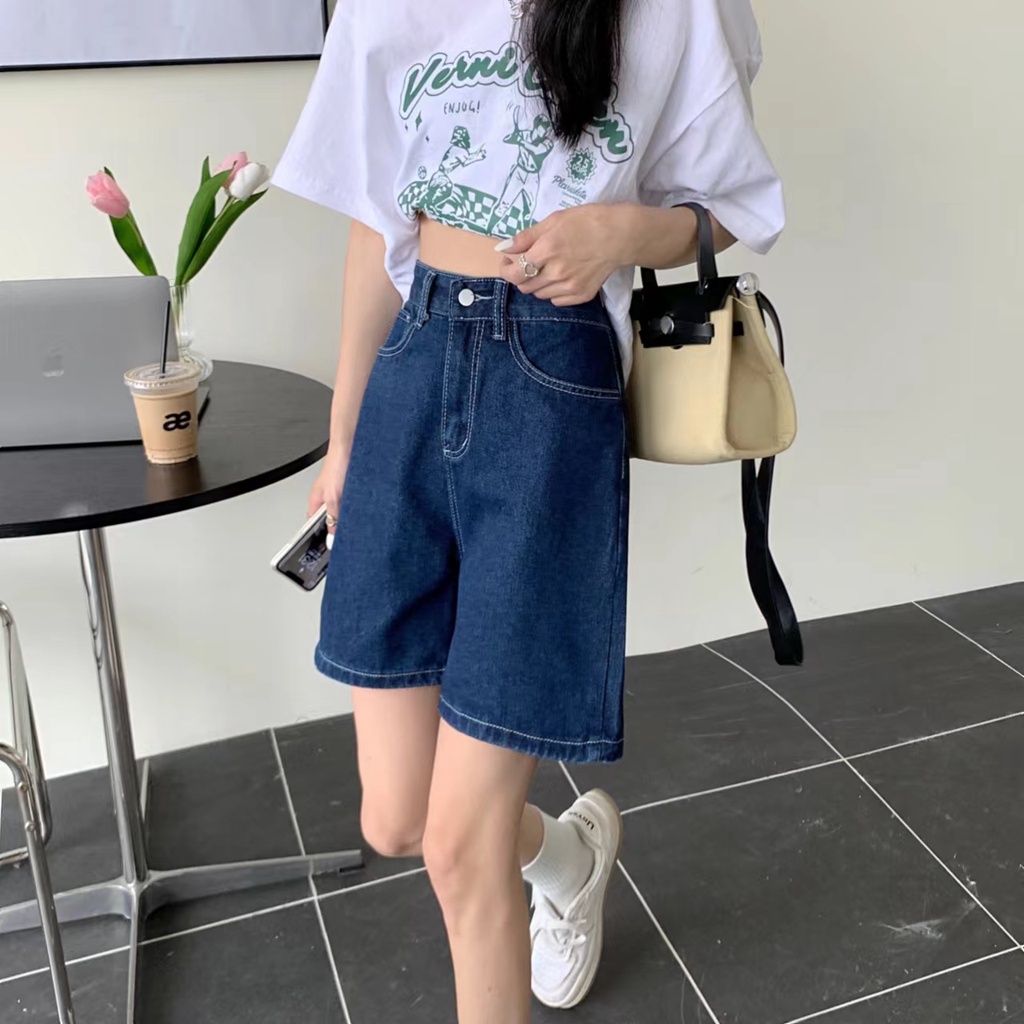 SUXI Quần Short Denim Lưng Cao Màu Sắc Đơn Giản Phong Cách Vintage Dễ Phối Đồ Cho Nữ
