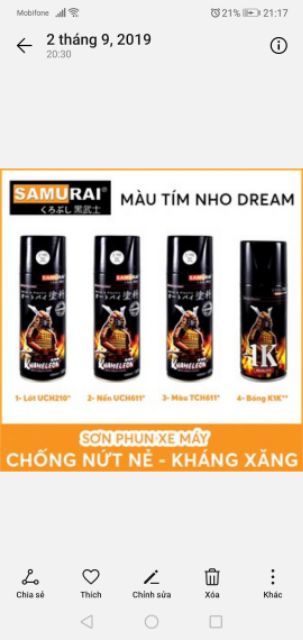 COMBO SƠN MÀU TÍM XE DREAM SƠN SAMURAI TÙY CHỌN BỘ 1K HOẶC 2K