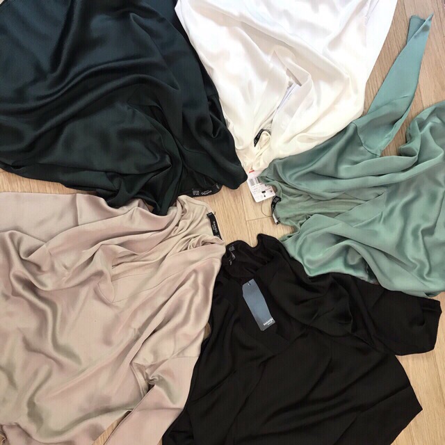 Mango satin blouse v neck long sleeves vnxk áo sơ mi kiểu công sở phối thun lụa satin tay dài hàng mng xuất khẩu dư xịn
